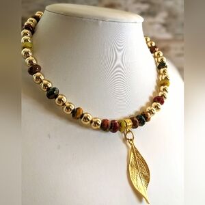 Autumn's Harvest Bold Red & Gold W/ Gold Beads In Artisan Choker Necklace